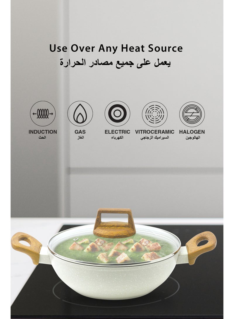 Bergner 24cm (2L) Cast Aluminum Stir-Fry Pan with Glass Lid & Trivet, Marble Non-Stick Coating Deep Frying Pan, Even Heating Kadai, Low Oil Use Healthy Cooking Wok, Induction & Gas Stove Compatible - Image 3